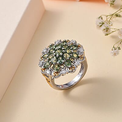 Andranomaro Green Apatite and Moissanite Flower Ring in 18K Vermeil YG and Rhodium Over Sterling Silver (Size 10.0) 3.50 ctw