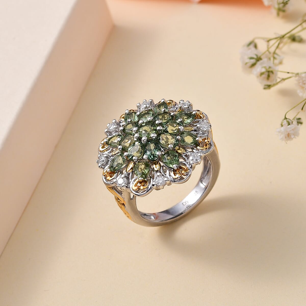 Andranomaro Green Apatite and Moissanite Flower Ring in 18K Vermeil YG and Rhodium Over Sterling Silver (Size 7.0) 3.50 ctw image number 1