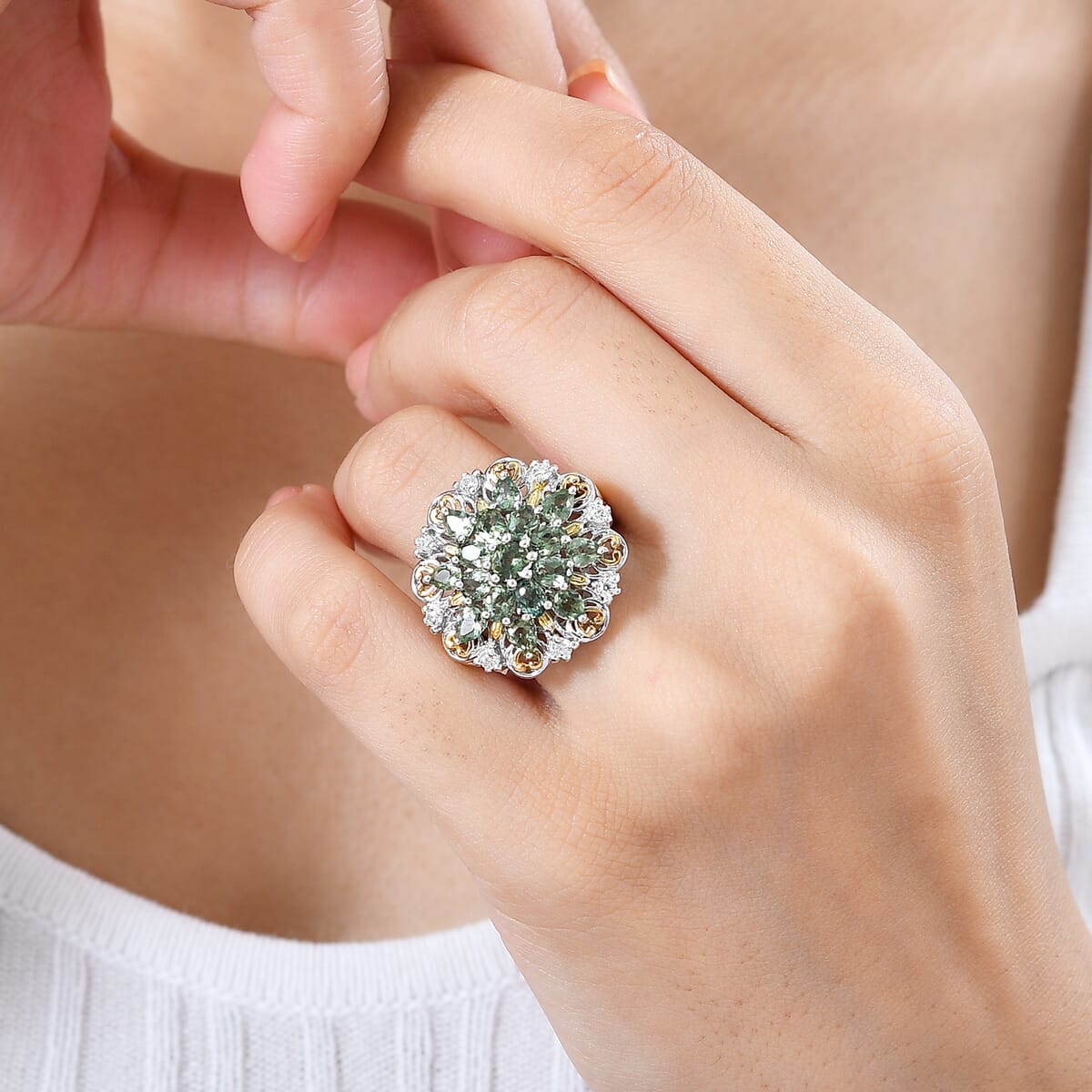 Andranomaro Green Apatite and Moissanite Flower Ring in 18K Vermeil YG and Rhodium Over Sterling Silver (Size 7.0) 3.50 ctw image number 2
