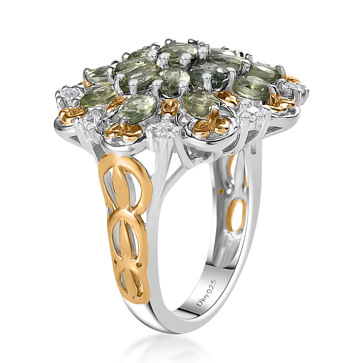 Andranomaro Green Apatite and Moissanite Flower Ring in 18K Vermeil YG and Rhodium Over Sterling Silver (Size 7.0) 3.50 ctw image number 3
