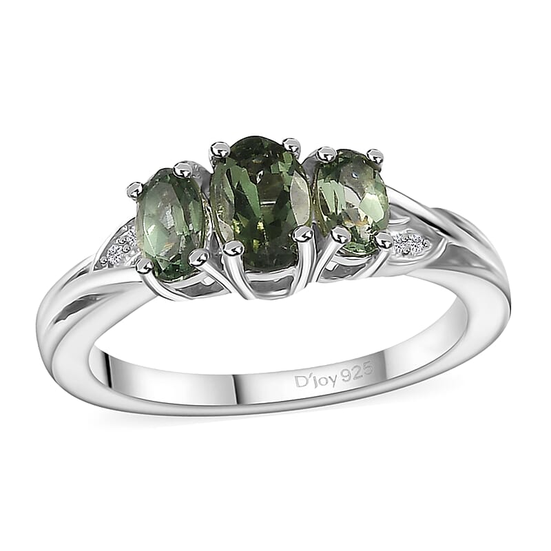 Andranomaro Green Apatite and White Zircon Trilogy Ring in Rhodium Over Sterling Silver (Size 10.0) 1.00 ctw