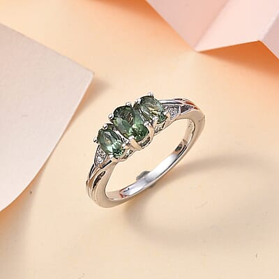 Andranomaro Green Apatite and White Zircon Trilogy Ring in Rhodium Over Sterling Silver (Size 10.0) 1.00 ctw
