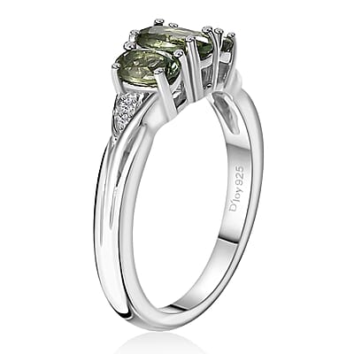 Andranomaro Green Apatite and White Zircon Trilogy Ring in Rhodium Over Sterling Silver (Size 10.0) 1.00 ctw