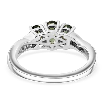 Andranomaro Green Apatite and White Zircon Trilogy Ring in Rhodium Over Sterling Silver (Size 10.0) 1.00 ctw