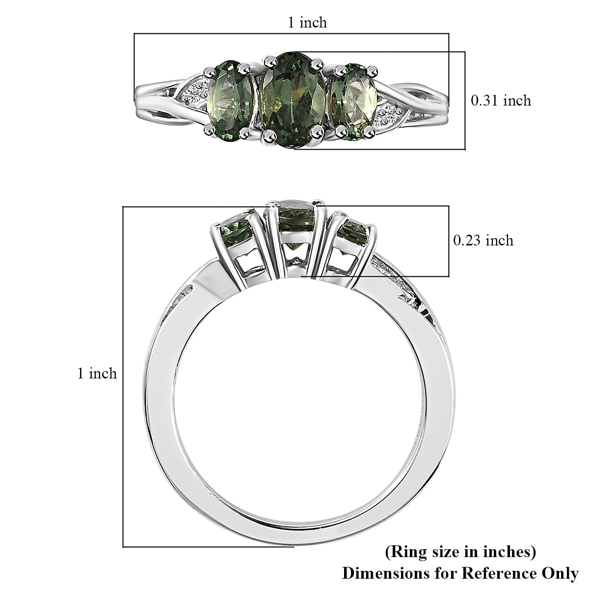 Andranomaro Green Apatite and White Zircon Trilogy Ring in Rhodium Over Sterling Silver (Size 10.0) 1.00 ctw