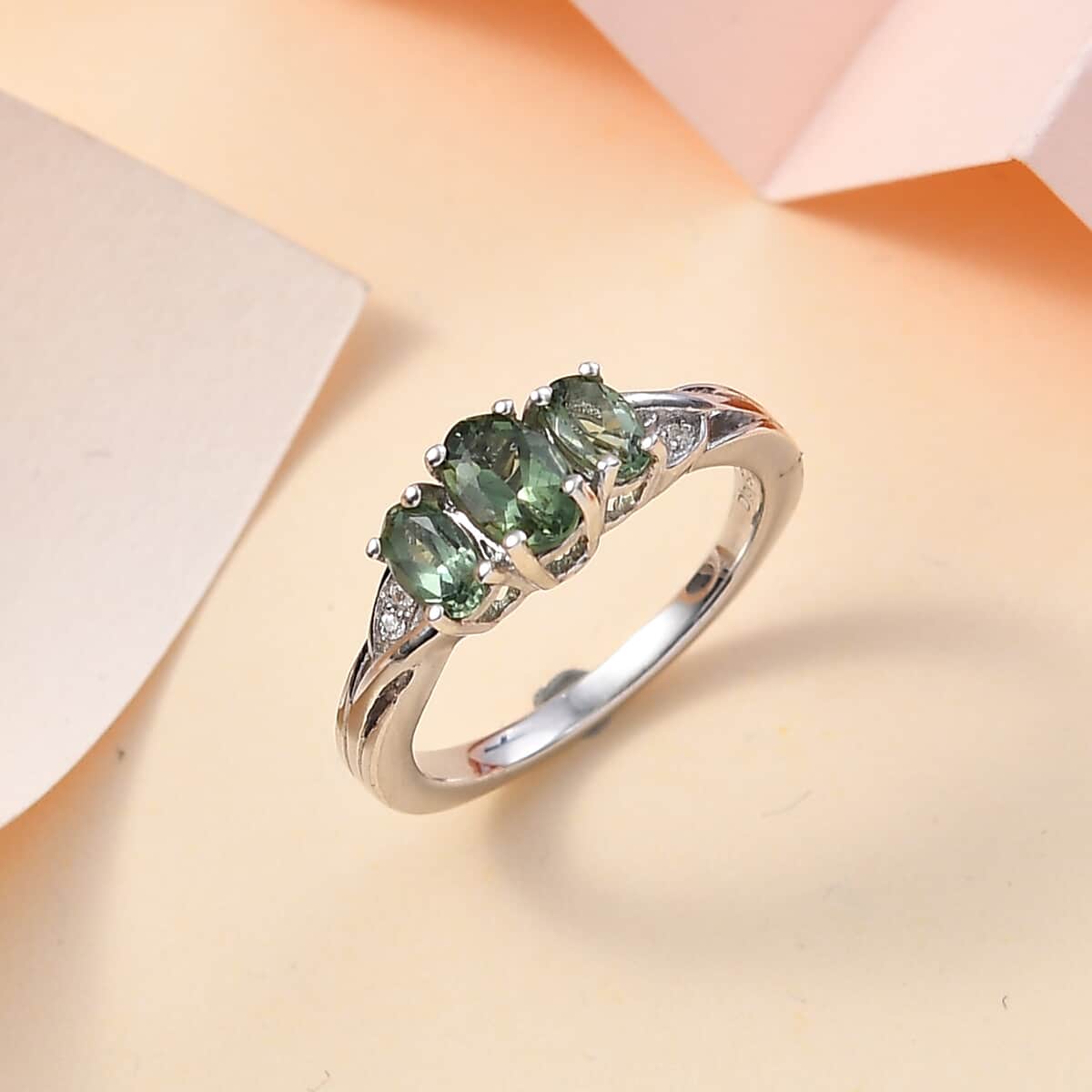 Andranomaro Green Apatite and White Zircon Trilogy Ring in Rhodium Over Sterling Silver (Size 5.0) 1.00 ctw image number 1