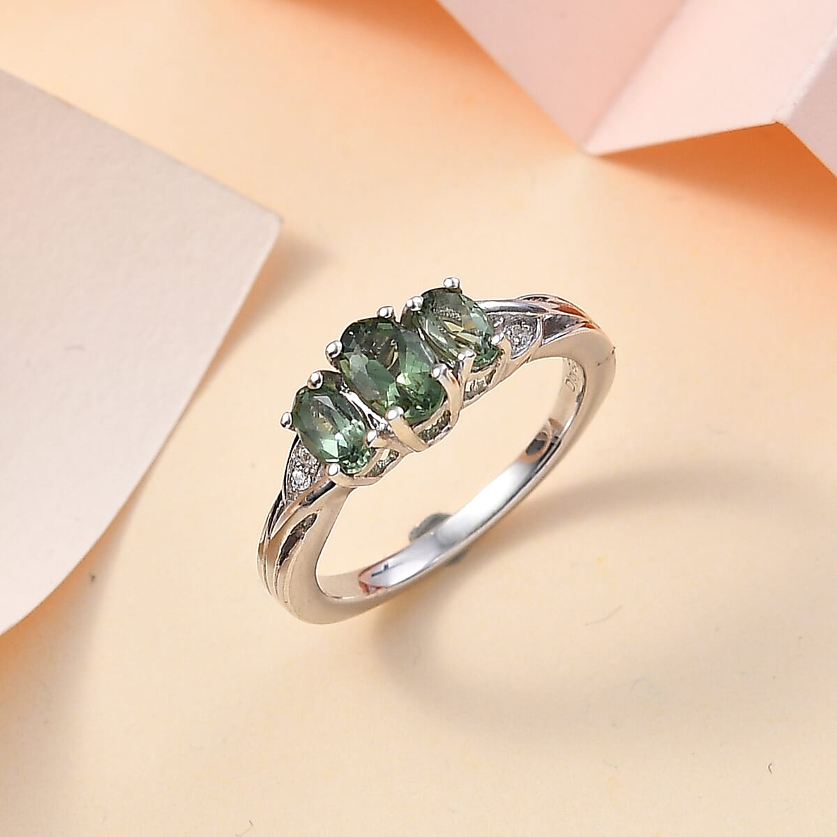 Andranomaro Green Apatite and White Zircon Trilogy Ring in Rhodium Over Sterling Silver (Size 7.0) 1.00 ctw image number 1