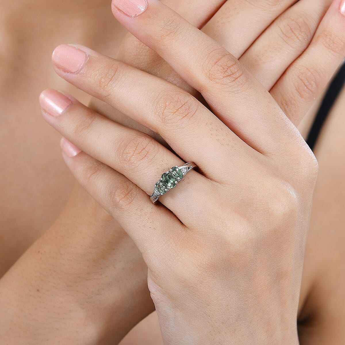 Andranomaro Green Apatite and White Zircon Trilogy Ring in Rhodium Over Sterling Silver (Size 7.0) 1.00 ctw image number 2