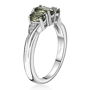 Andranomaro Green Apatite and White Zircon Trilogy Ring in Rhodium Over Sterling Silver (Size 7.0) 1.00 ctw