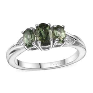 Andranomaro Green Apatite and White Zircon Trilogy Ring in Rhodium Over Sterling Silver (Size 8.0) 1.00 ctw