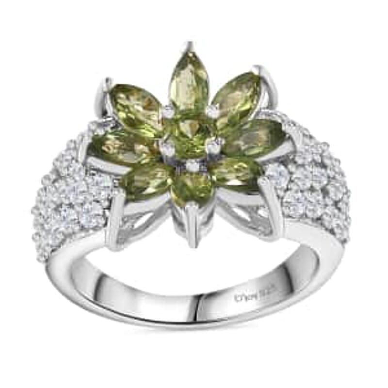 Andranomaro Green Apatite and White Zircon Flower Ring in Rhodium Over Sterling Silver (Size 10.0) 3.90 ctw
