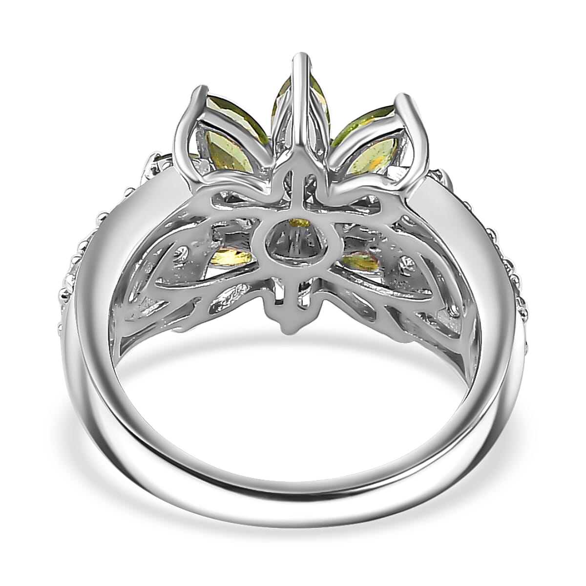 Andranomaro Green Apatite and White Zircon Flower Ring in Rhodium Over Sterling Silver (Size 10.0) 3.90 ctw