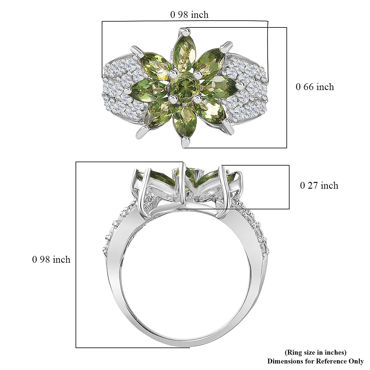 Andranomaro Green Apatite and White Zircon Flower Ring in Rhodium Over Sterling Silver (Size 10.0) 3.90 ctw