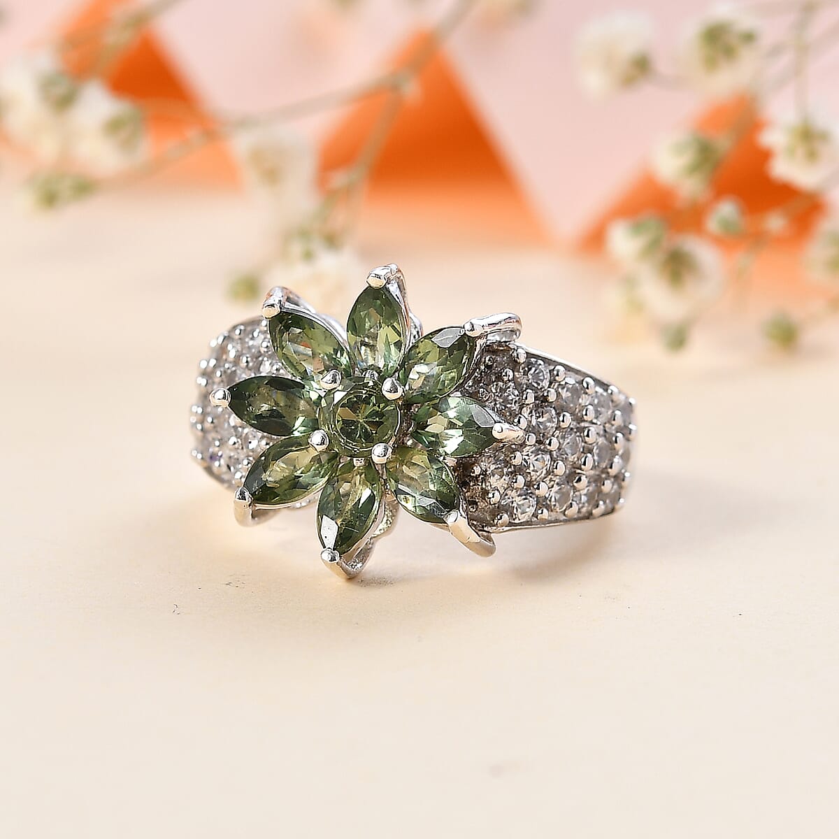 Premium Natural Green Apatite and White Zircon 3.90 ctw Floral Ring in Rhodium Over Sterling Silver (Size 9.0) image number 1