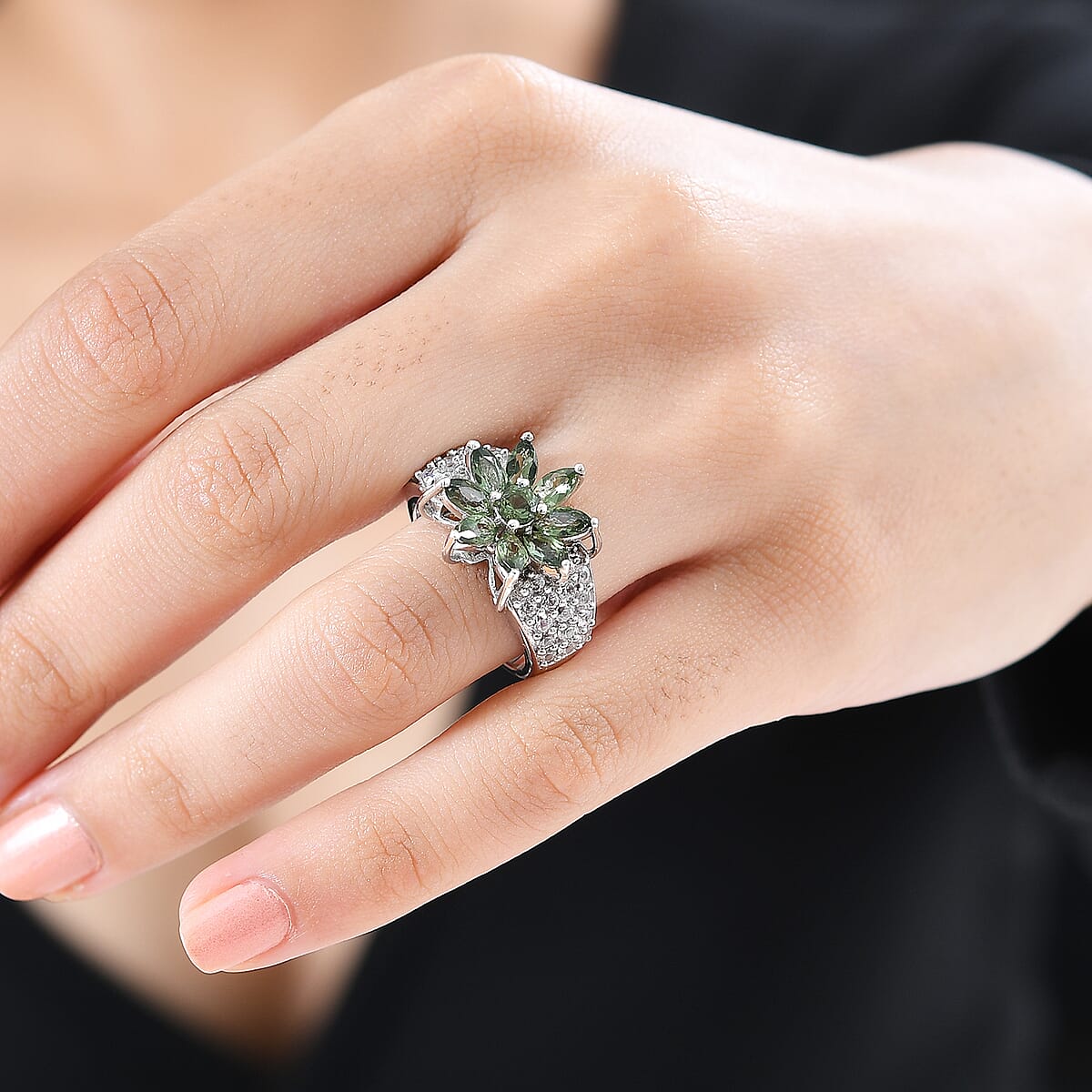 Premium Natural Green Apatite and White Zircon 3.90 ctw Floral Ring in Rhodium Over Sterling Silver (Size 9.0) image number 2