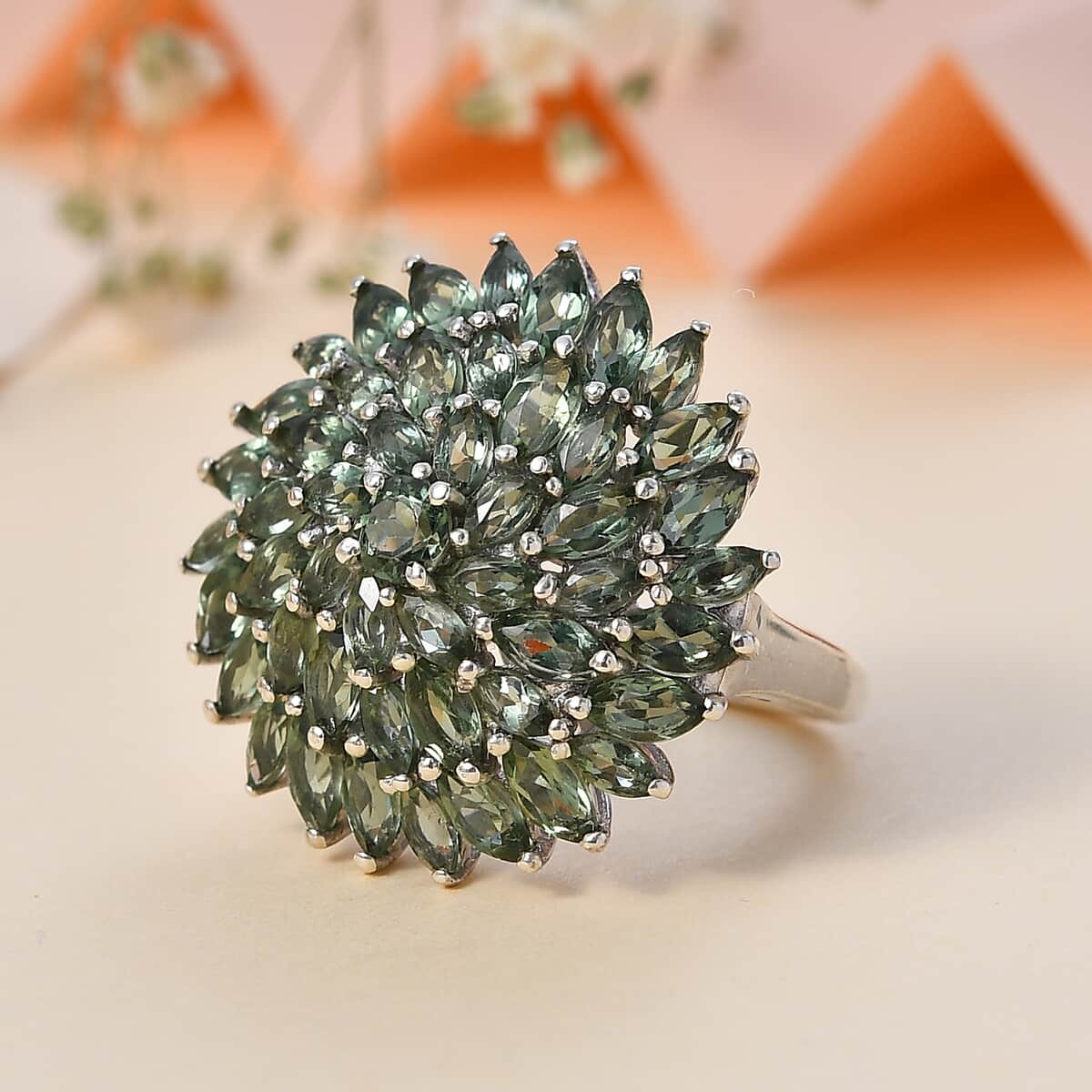 Premium Natural Green Apatite Floral Ring in Rhodium Over Sterling Silver (Size 10.0) 6.63 ctw image number 1