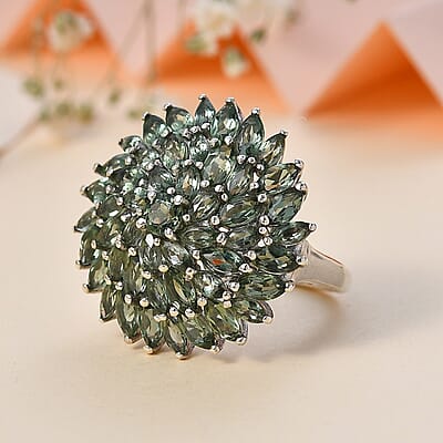 Andranomaro Green Apatite Floral Spray Ring in Rhodium Over Sterling Silver (Size 10.0) 6.50 ctw