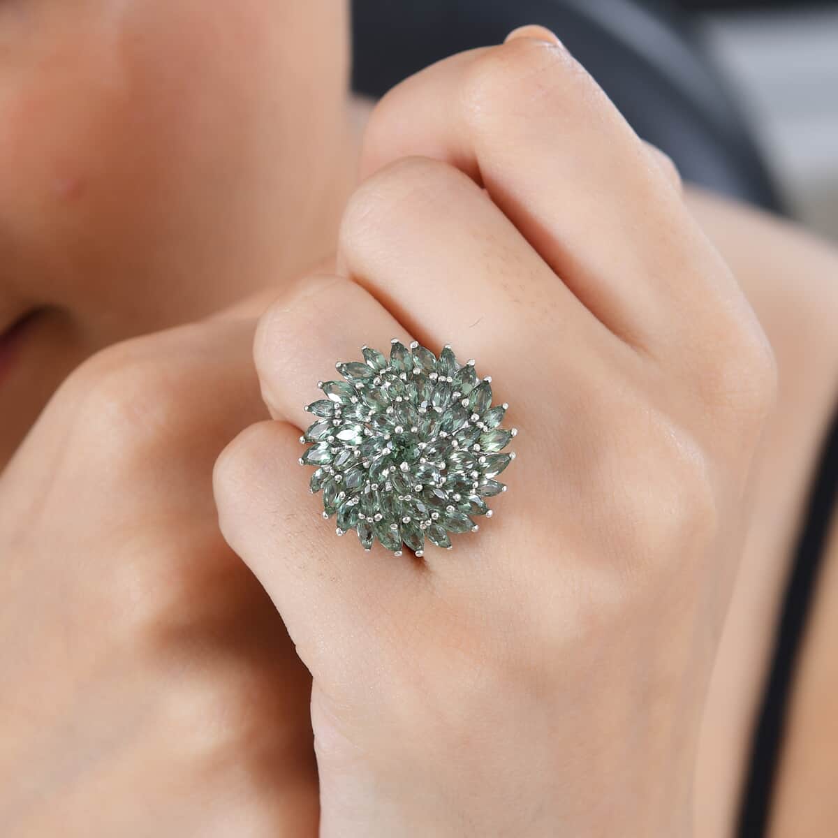 Premium Natural Green Apatite Floral Ring in Rhodium Over Sterling Silver (Size 10.0) 6.63 ctw image number 2