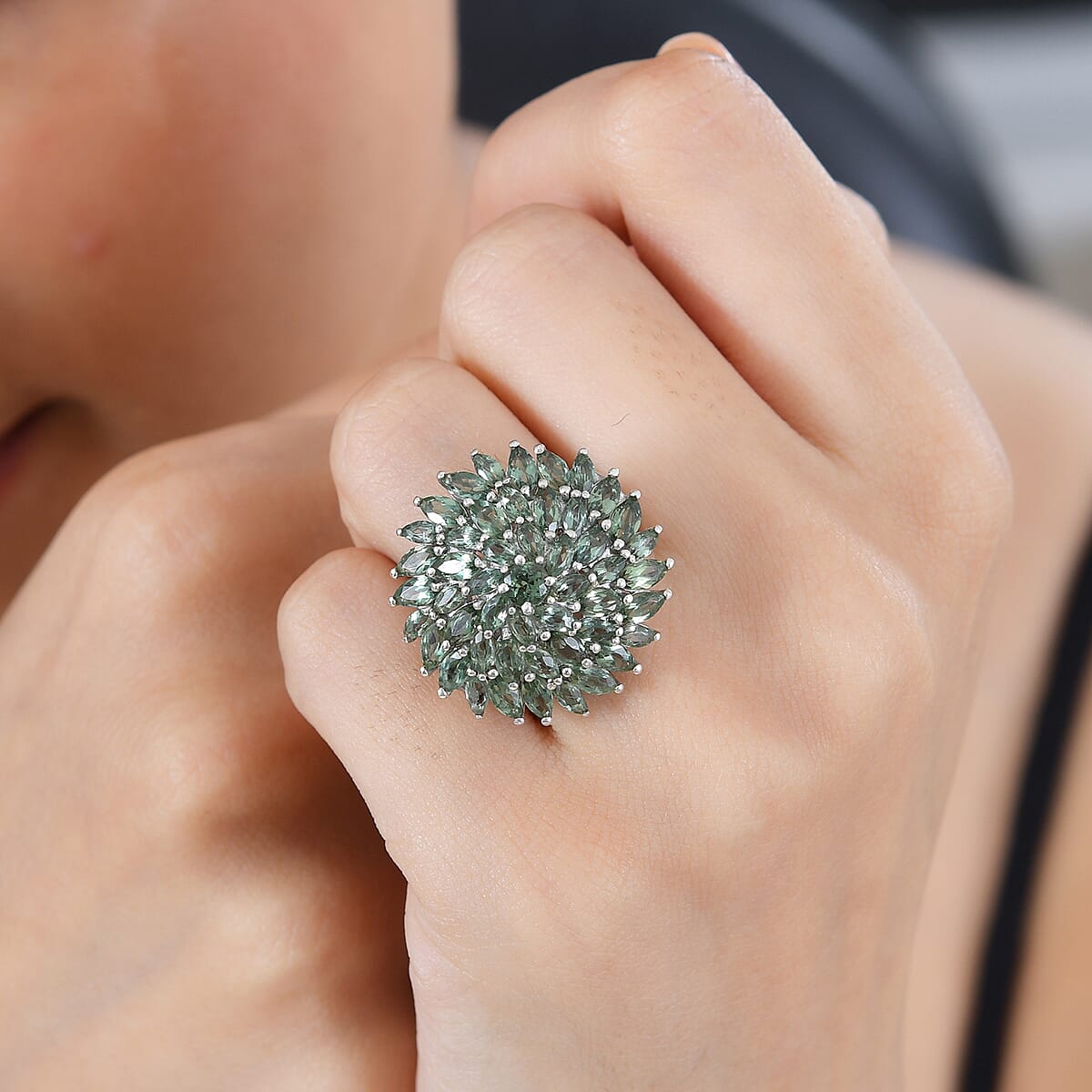 Andranomaro Green Apatite Floral Spray Ring in Rhodium Over Sterling Silver (Size 9.0) 6.50 ctw image number 2