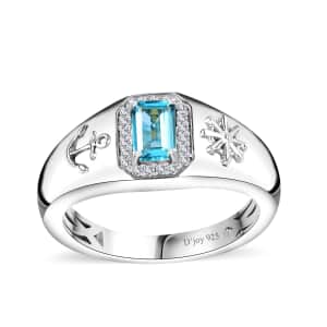 Betroka Blue Apatite and Moissanite Oceanic Men's Sailor Ring in Rhodium Over Sterling Silver (Size 10.0) 0.80 ctw