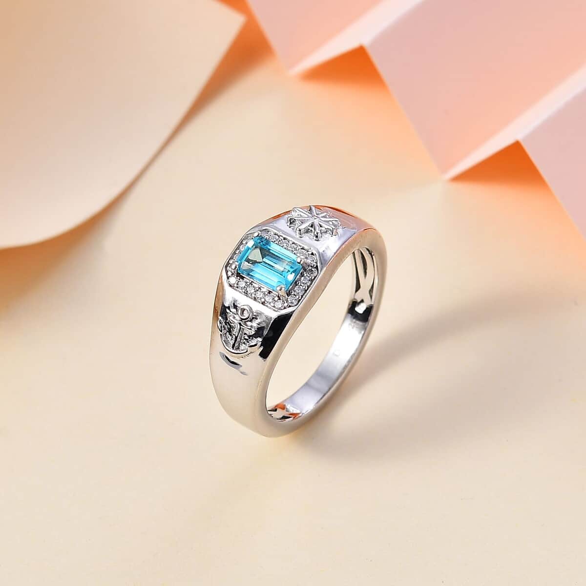 Betroka Blue Apatite and Moissanite Oceanic Men's Sailor Ring in Rhodium Over Sterling Silver (Size 10.0) 0.80 ctw image number 1