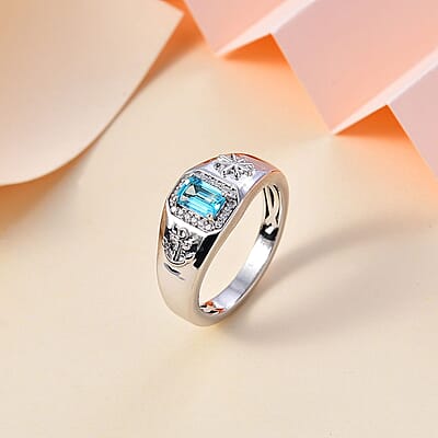 Betroka Blue Apatite and Moissanite Oceanic Men's Sailor Ring in Rhodium Over Sterling Silver (Size 10.0) 0.80 ctw