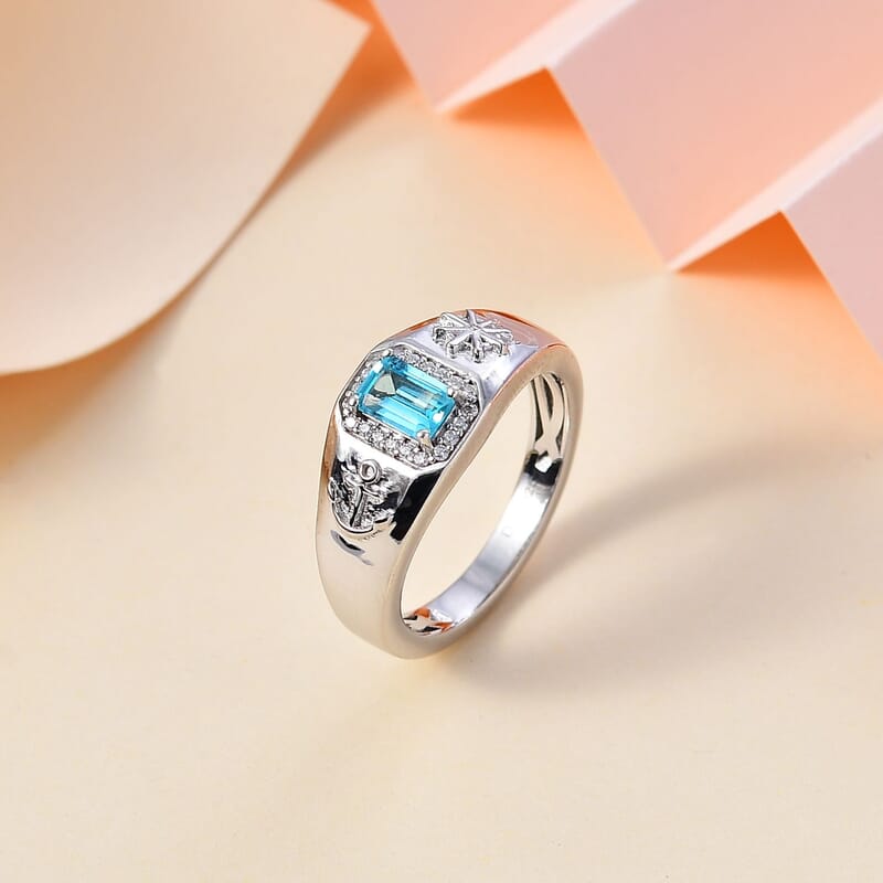 Betroka Blue Apatite and Moissanite Oceanic Men's Sailor Ring in Rhodium Over Sterling Silver (Size 10.0) 0.80 ctw
