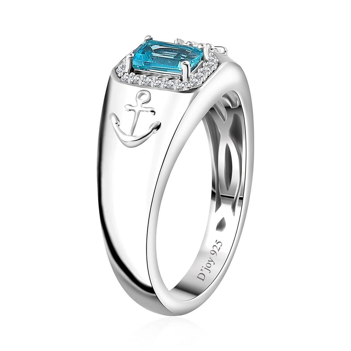 Betroka Blue Apatite and Moissanite Oceanic Men's Sailor Ring in Rhodium Over Sterling Silver (Size 10.0) 0.80 ctw