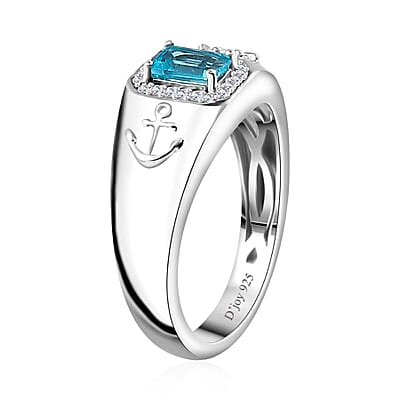 Betroka Blue Apatite and Moissanite Oceanic Men's Sailor Ring in Rhodium Over Sterling Silver (Size 10.0) 0.80 ctw