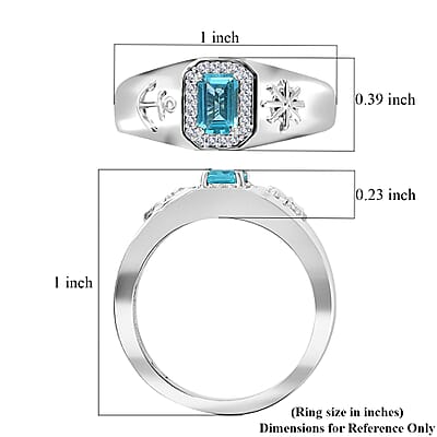 Betroka Blue Apatite and Moissanite Oceanic Men's Sailor Ring in Rhodium Over Sterling Silver (Size 10.0) 0.80 ctw