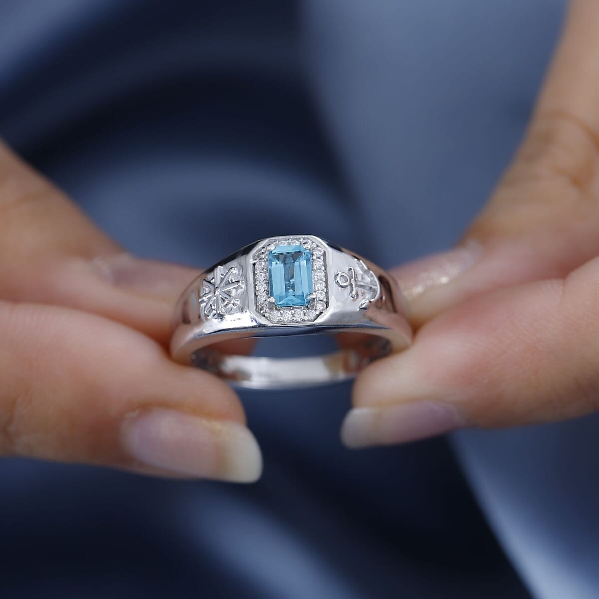 Betroka Blue Apatite and Moissanite Oceanic Men's Sailor Ring in Rhodium Over Sterling Silver (Size 12.0) 0.80 ctw image number 2