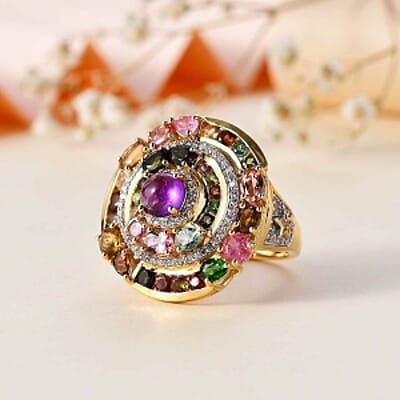 African Amethyst, Multi Gemstone 6.27 ctw Ring in 18K Vermeil Yellow Gold Over Sterling Silver (Size 6.5)