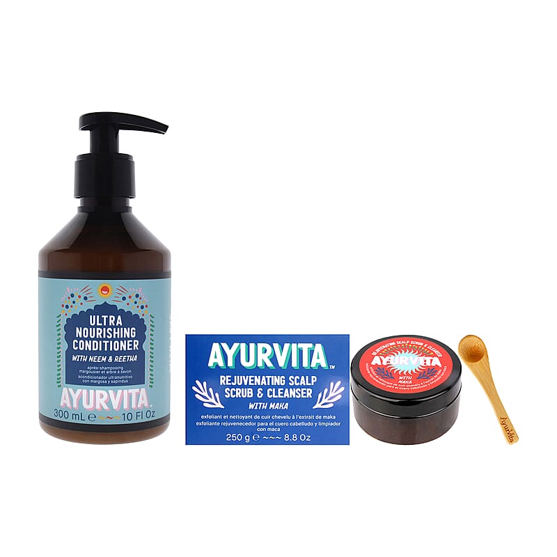 AyurVita Ultra Nourishing Conditioner - Neem & Reetha 10 fl oz, and Rejuvenating Scalp Scrub & Cleanser - Maka 8.8 oz