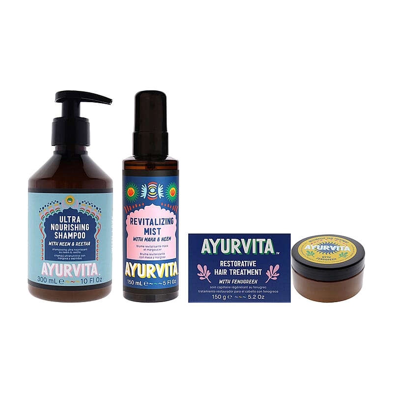 AyurVita Ultra Nourishing Shampoo - Neem & Reetha 10 fl oz, Revitalizing Mist Maka and Neem 5 fl oz and Restorative Hair Treatment - Fenugreek 5.2 oz