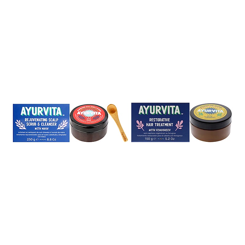AyurVita Rejuvenating Scalp Scrub & Cleanser - Maka 8.8 oz and Restorative Hair Treatment - Fenugreek 5.2 oz
