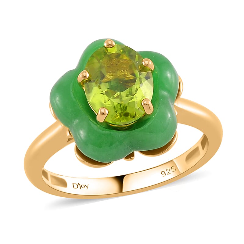 Hebei Peridot, Green Jade (D), Moissanite 11.60 ctw Verdant Blossom Ring in 18K Vermeil Yellow Gold Over Sterling Silver (Size 10.0)