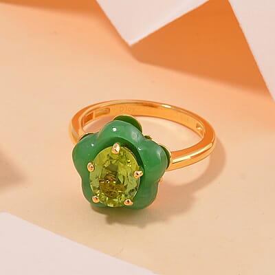 Hebei Peridot, Green Jade (D), Moissanite 11.60 ctw Verdant Blossom Ring in 18K Vermeil Yellow Gold Over Sterling Silver (Size 10.0)