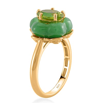 Hebei Peridot, Green Jade (D), Moissanite 11.60 ctw Verdant Blossom Ring in 18K Vermeil Yellow Gold Over Sterling Silver (Size 10.0)