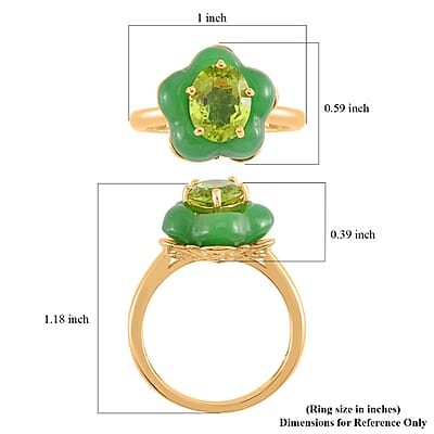 Hebei Peridot, Green Jade (D), Moissanite 11.60 ctw Verdant Blossom Ring in 18K Vermeil Yellow Gold Over Sterling Silver (Size 10.0)