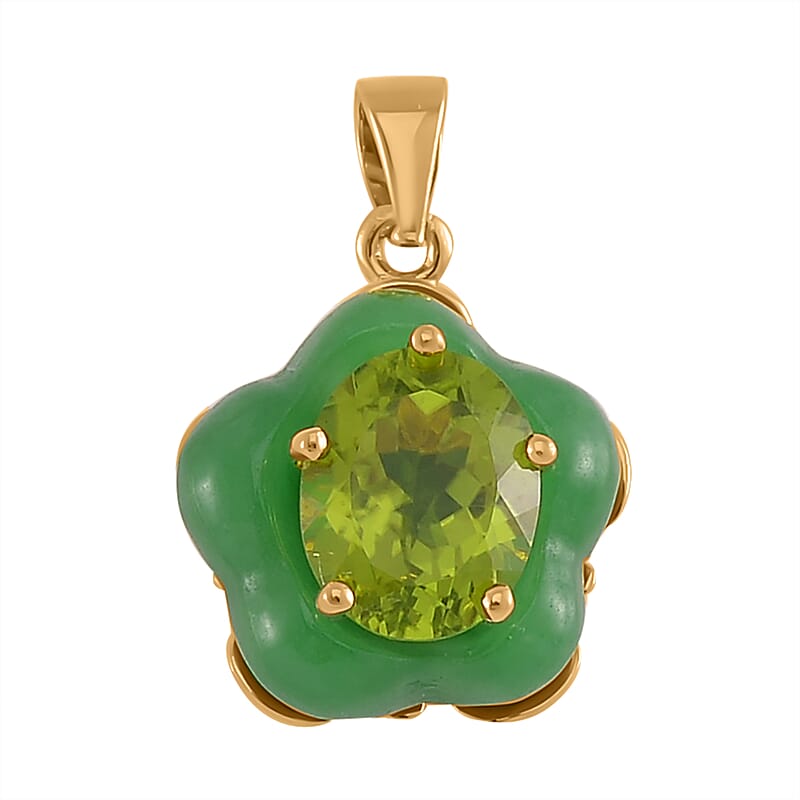 Hebei Peridot and Green Jade (D), Moissanite 11.25 ctw Verdant Blossom Pendant without Chain in 18K Vermeil Yellow Gold Over Sterling Silver