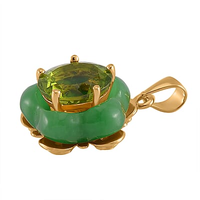 Hebei Peridot and Green Jade (D), Moissanite 11.25 ctw Verdant Blossom Pendant without Chain in 18K Vermeil Yellow Gold Over Sterling Silver