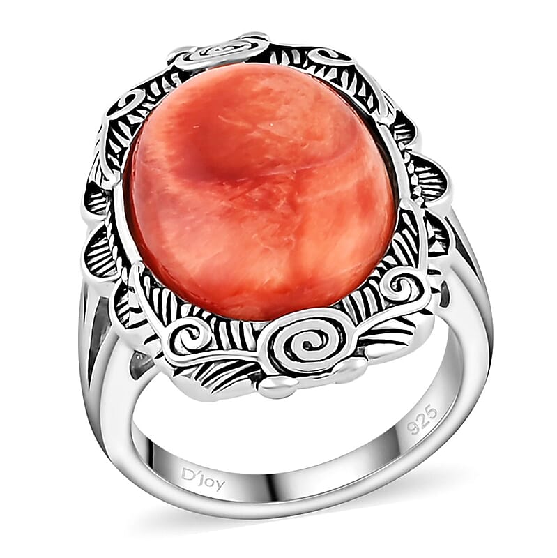 Orange Spiny Oyster Shell 10.00 ctw Floral Ring in Rhodium Over Sterling Silver (Size 10.0)