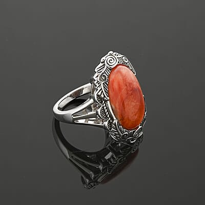 Orange Spiny Oyster Shell 10.00 ctw Floral Ring in Rhodium Over Sterling Silver (Size 10.0)