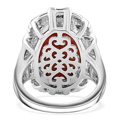 Orange Spiny Oyster Shell 10.00 ctw Floral Ring in Rhodium Over Sterling Silver (Size 10.0)