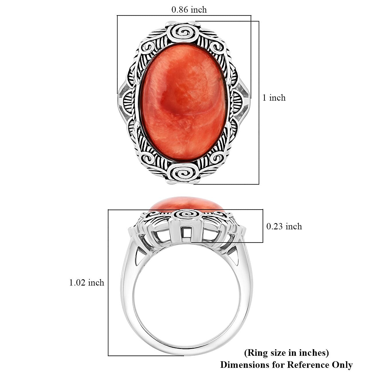 Orange Spiny Oyster Shell 10.00 ctw Floral Ring in Rhodium Over Sterling Silver (Size 10.0)