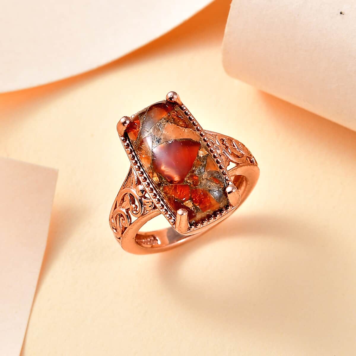 Matrix Fire Opal 4.65 ctw Solitaire Ring in 14K Rose Gold Over Copper with Magnet (Size 10.0) image number 1