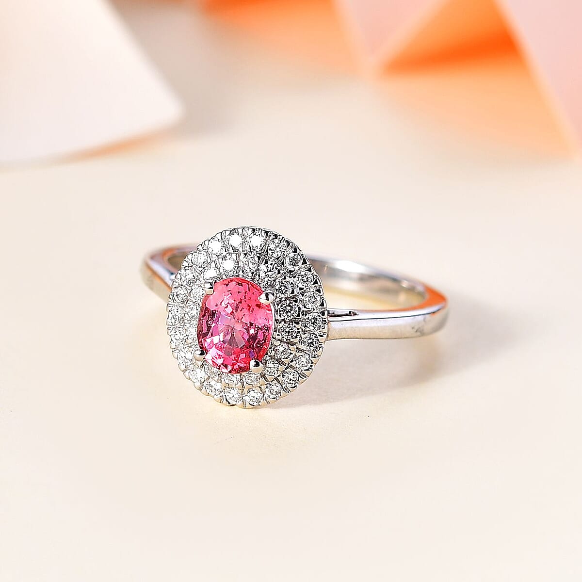 Certified & Appraised Rhapsody AAAA Padparadscha Sapphire and E-F VS Diamond 1.35 ctw Double Halo Ring in 950 Platinum (Size 7.0) 5.60 Grams image number 1