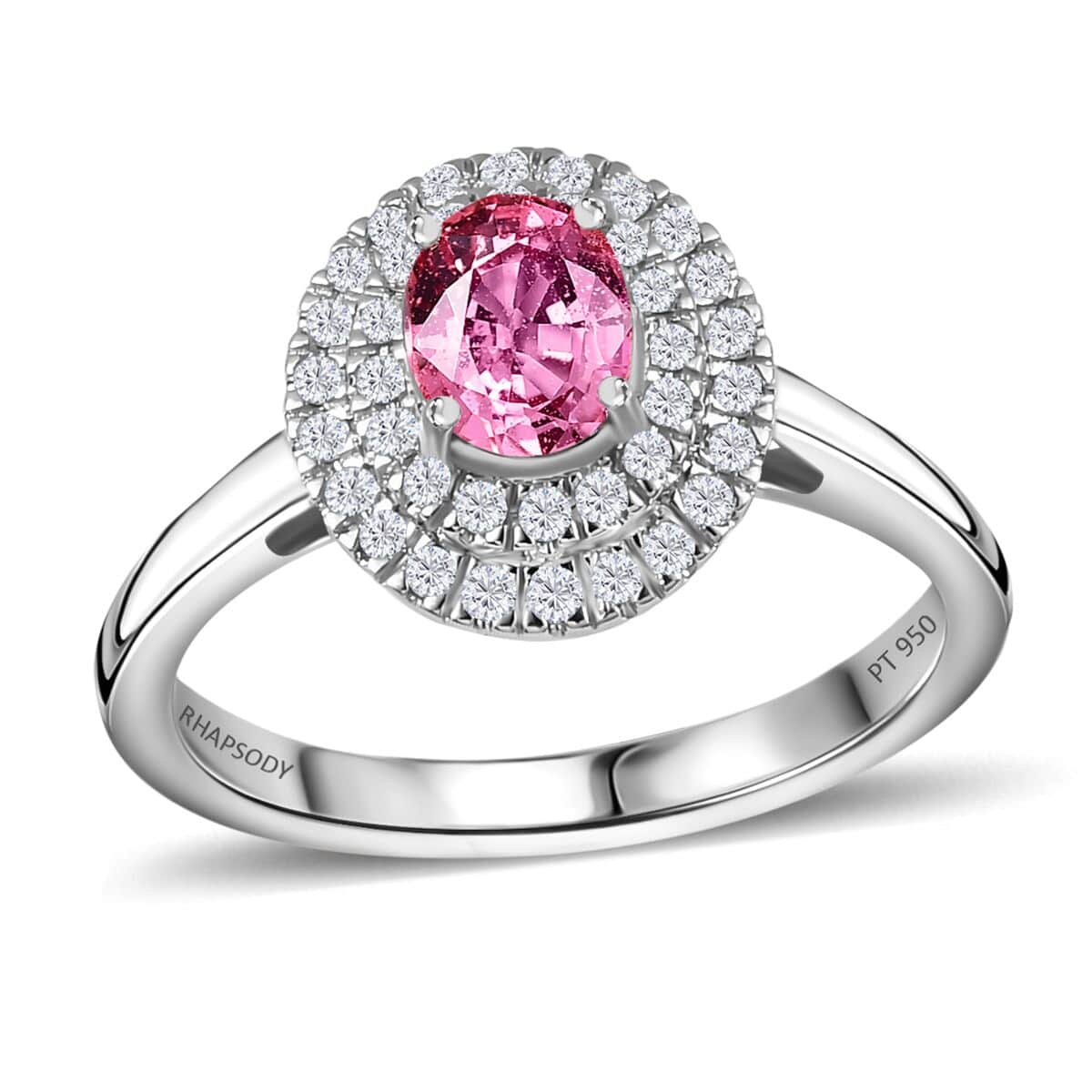 Doorbuster Rhapsody 950 Platinum AAAA Padparadscha Sapphire, Diamond (E-F, VS) (0.30 cts) Double Halo Ring (Size 8.0) (5.60 g) 1.35 ctw image number 0