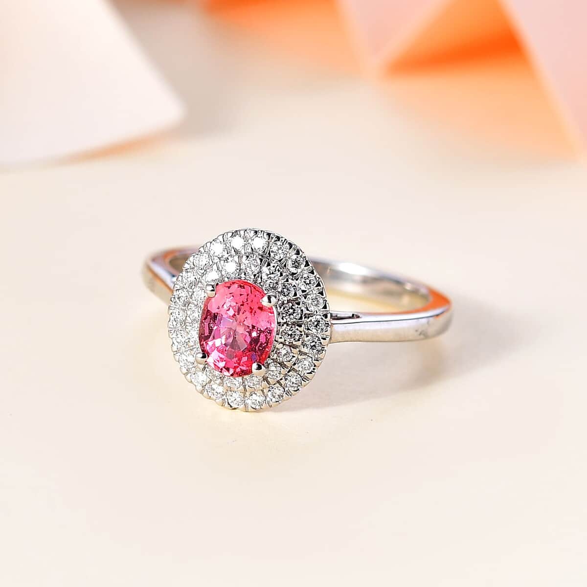 Doorbuster Rhapsody 950 Platinum AAAA Padparadscha Sapphire, Diamond (E-F, VS) (0.30 cts) Double Halo Ring (Size 8.0) (5.60 g) 1.35 ctw image number 1