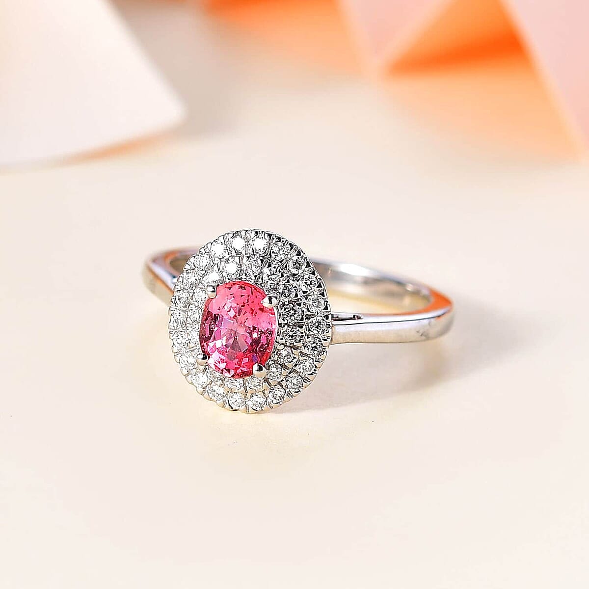 Certified & Appraised Rhapsody AAAA Padparadscha Sapphire and E-F VS Diamond 1.35 ctw Double Halo Ring in 950 Platinum (Size 8.5) 5.60 Grams image number 1